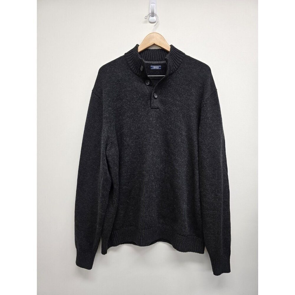 Izod Pullover Sweater 1/4 Button Men’s XXL Black Long Sleeve Black Marled Gray